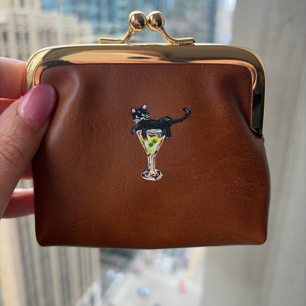 Cat in martini hand painted leather coin purse